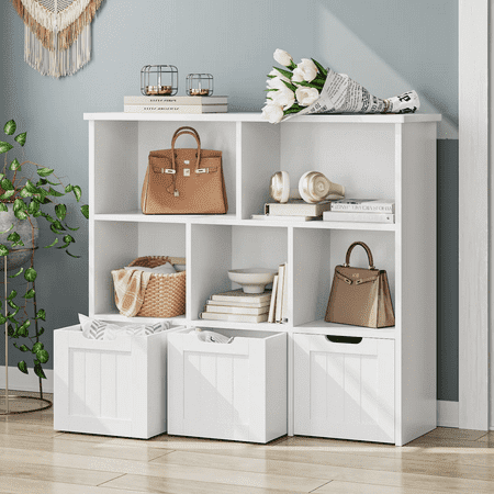 Homfa Toy Storage Organizer with 3 Movable Drawers, 5 Cube Kids Bookcase for Playroom, Storage Cabinet for Living Room, White Finish