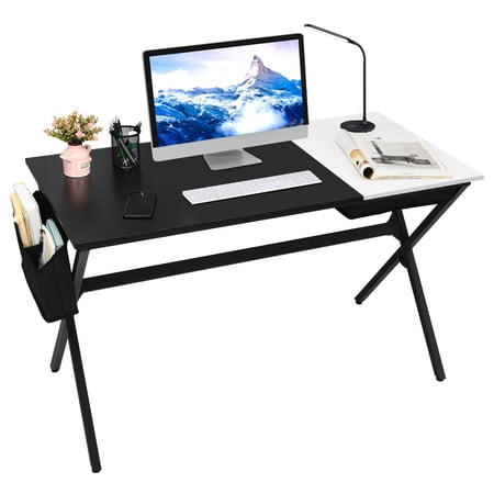 Giantex Modern Computer Desk  X-Shaped PC Study Table w/Side Storage Bag & Hidden Cube Drawers  Workstation for Home Office Bedroom  Black