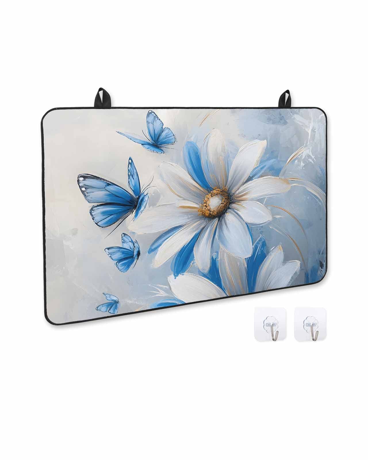 nqOlkjepod Large Induction Cooktop Protector Mat 24"x21", White Blue Flowers Stove Top Covers for Electric Stove, Pastoral Elegant Butterfly Floral Stove Burner Cover Mats, Glass Top Stove Cover
