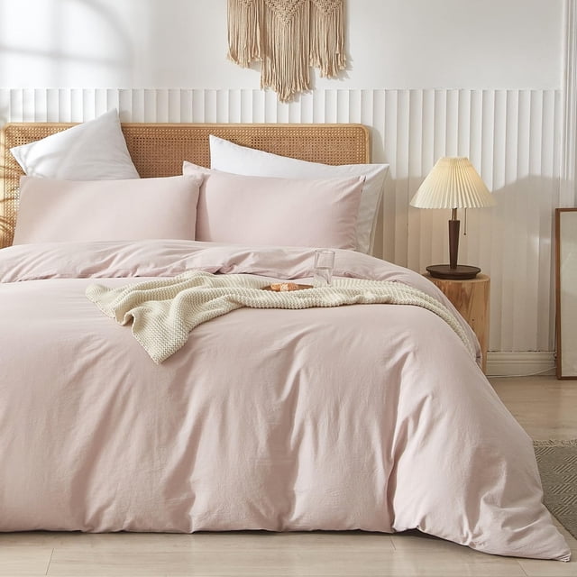 Washed Cotton Duvet Cover Set Linen Feel Natural Wrinkle Lightweight Comfy (King Linen)