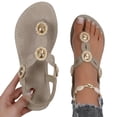 thumbnail image 4 of hoksml Women's Oval Gem T-Strap Flat Sandals, Elastic Ankle Strap, Boho Beach Shoes, 4 of 9