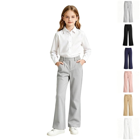 Uniform Pants for Girls Elastic Waist Flare Leg Girls Grey Uniform Pants Back to School Clothes Size 5-16 Years