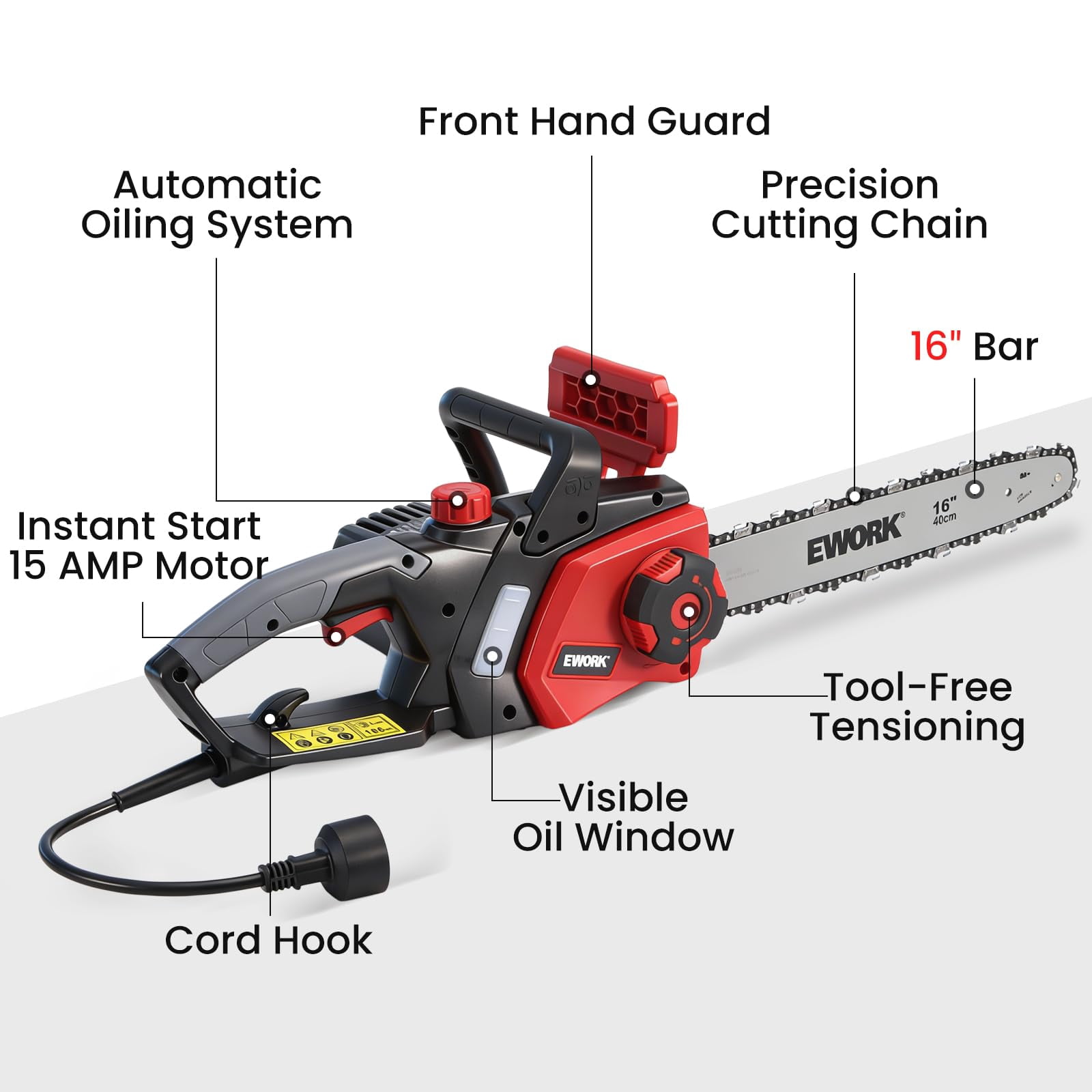 EWORK Electric Chainsaw Corded 16-Inch 15 Amp Electric Chain Saws, Corded Chainsaw with Tool-Free Chain Tension, Auto Oiling, Low Kickback, Electric Chainsaw for Tree Cutting, Pruning, Firewood