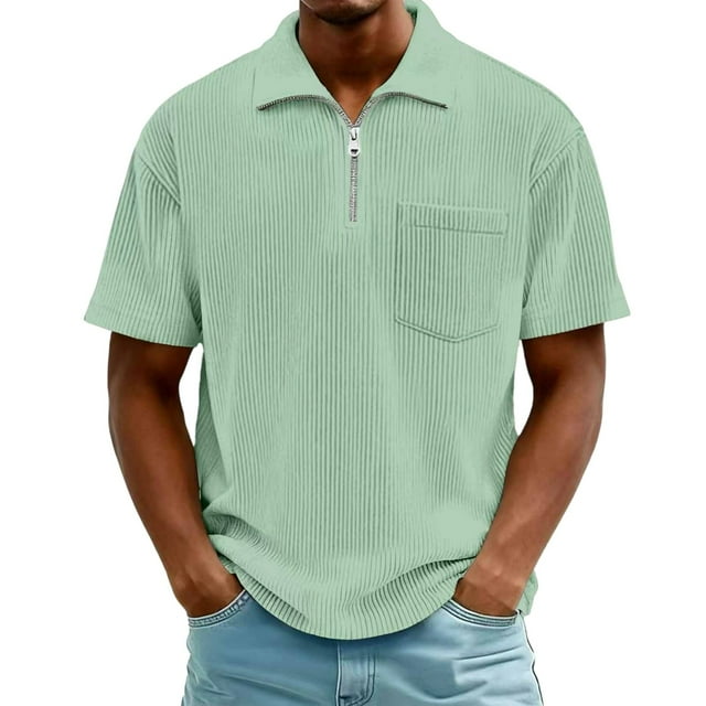 Blusa y camisa de manga corta con cuello vuelto para hombre, color liso, informal, con solapa, cierre de cremallera en un cuarto y bolsillo en el pecho, camisa de manga corta con solapa, tops para hom