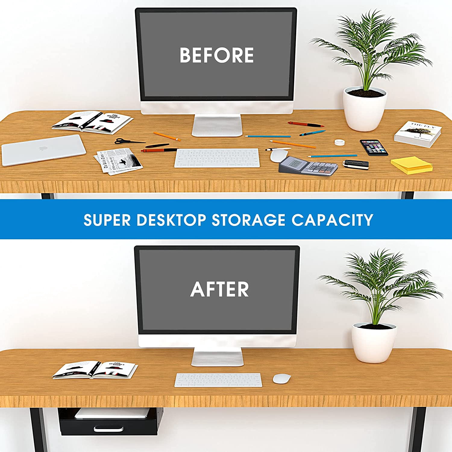 Under Desk Drawer Storage with Laptop/Book/Folders Shelf, Double Layer Easy Slide-Out Undermount Drawer Organizer with Ball Sliding Track for Home Office Sit-Stand Workstation