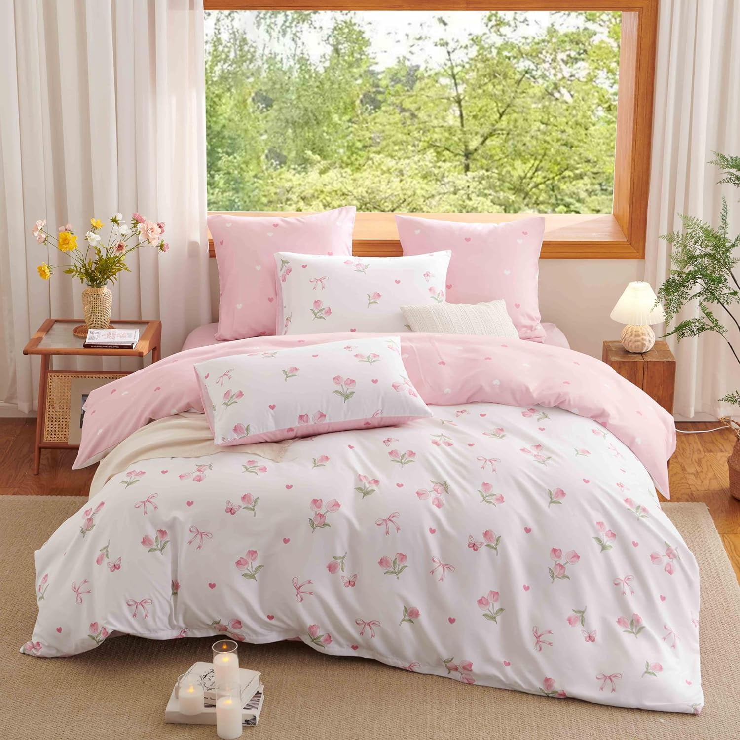 JOLUSERE Pink Tulip Twin Comforter Set, 2-Piece Pink Flowers Reversible Soft Bedding Set or Adults All Season