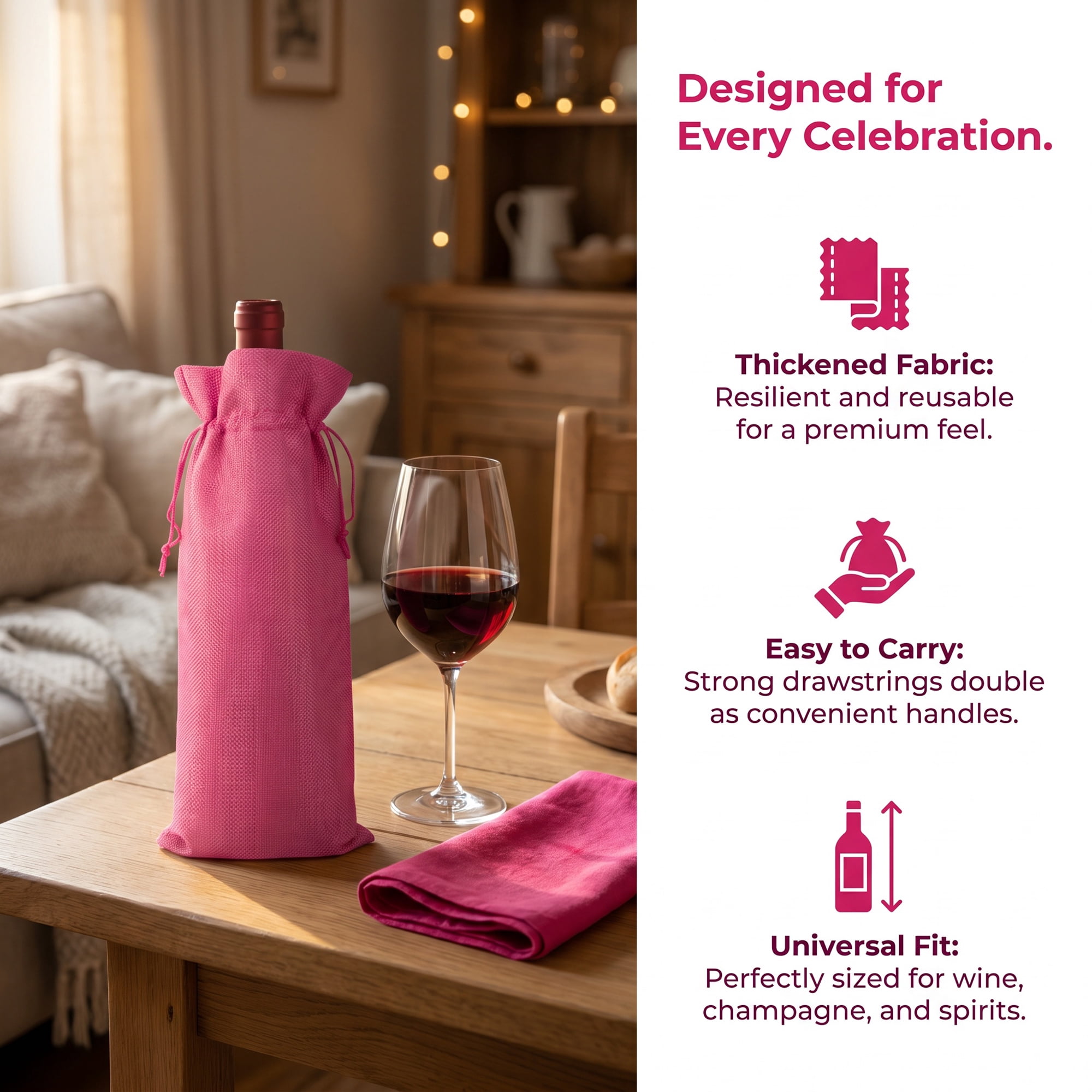 Unique Bargains Elegant Single Wine Bottle Gift Bags with Handles Rose Red 5.9" x 13.8"