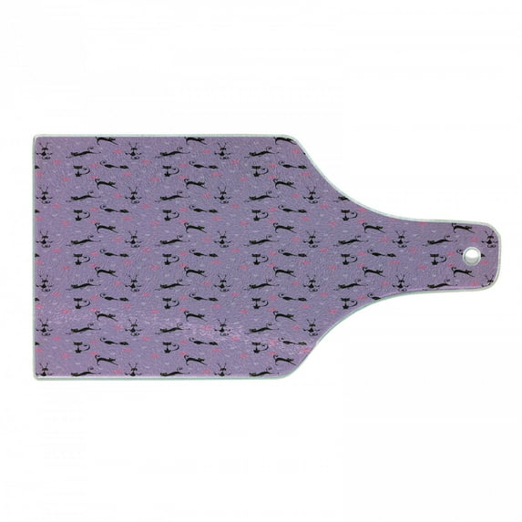 Teen Room Cutting Board, Little Kittens Pattern with Heart Caricature Funny Cat Cartoon, Decorative Tempered Glass Cutting and Serving Board, Wine Bottle Shape, Violet Pink Black, by Ambesonne