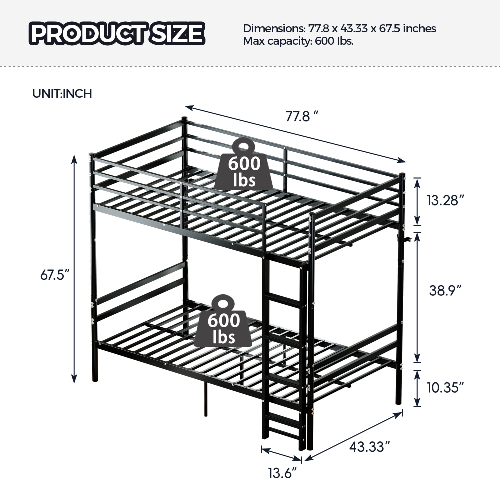 Leumius Twin Over Twin Bunk Beds,Heavy-Duty Metal Bunk Bed with Safety Guardrail & Ladder,Metal Slats Support,No Box Spring Needed,Black