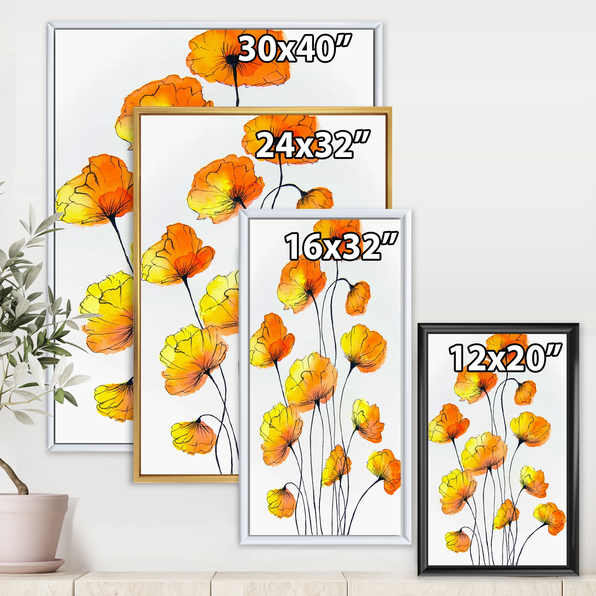 Designart 'Country Yellow Flowers On White' Traditional Framed Canvas Wall Art Print