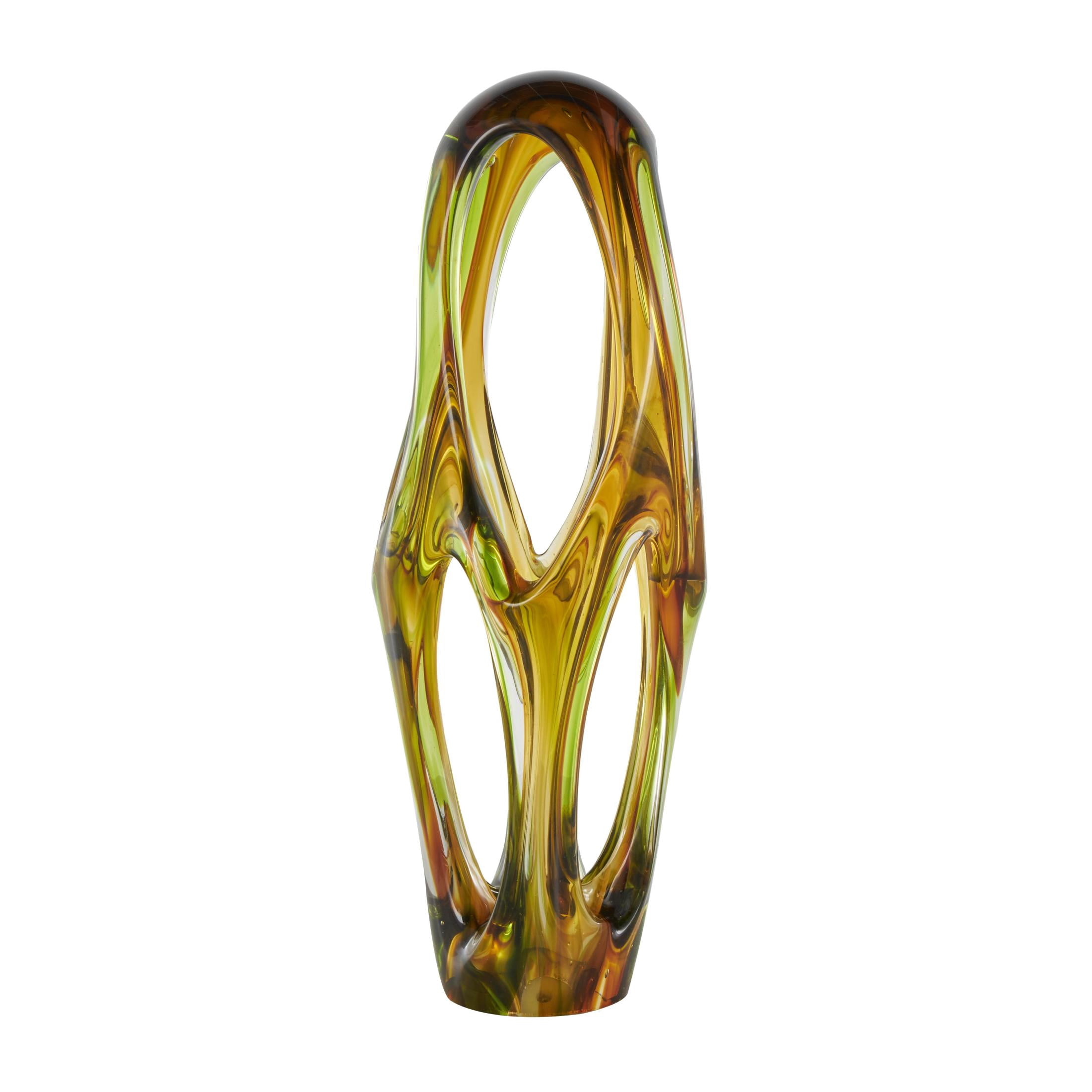 6" x 21" Orange Glass Ombre Cutout Abstract Sculpture with Green Accents, by DecMode