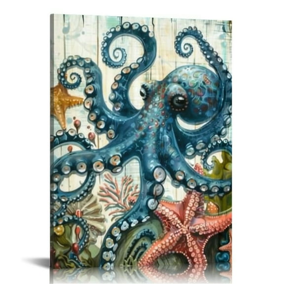 ARISTURING -Ocean Bathroom Decor Wall Art, Octopus Wall Art Nautical Coastal Beach Pictures Canvas Print, Framed Teal Sea Animal Wall Art For Kids Room Wall