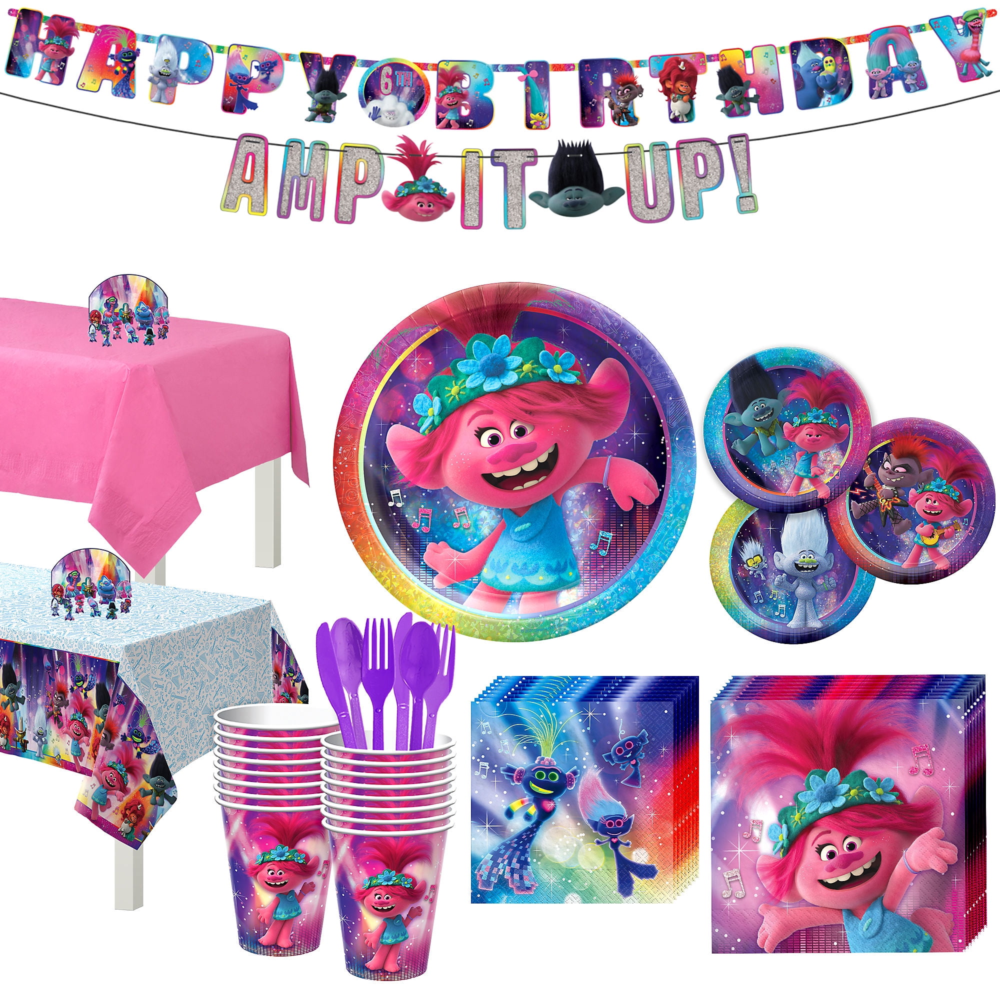 Party City Trolls World Tour Tableware for 16 Guests, Poppy and Branch