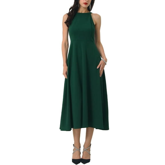 INSPIRE CHIC Women's Halter Neck Dresses Sleeveless Formal Cocktail Midi Dress XL Dark Green