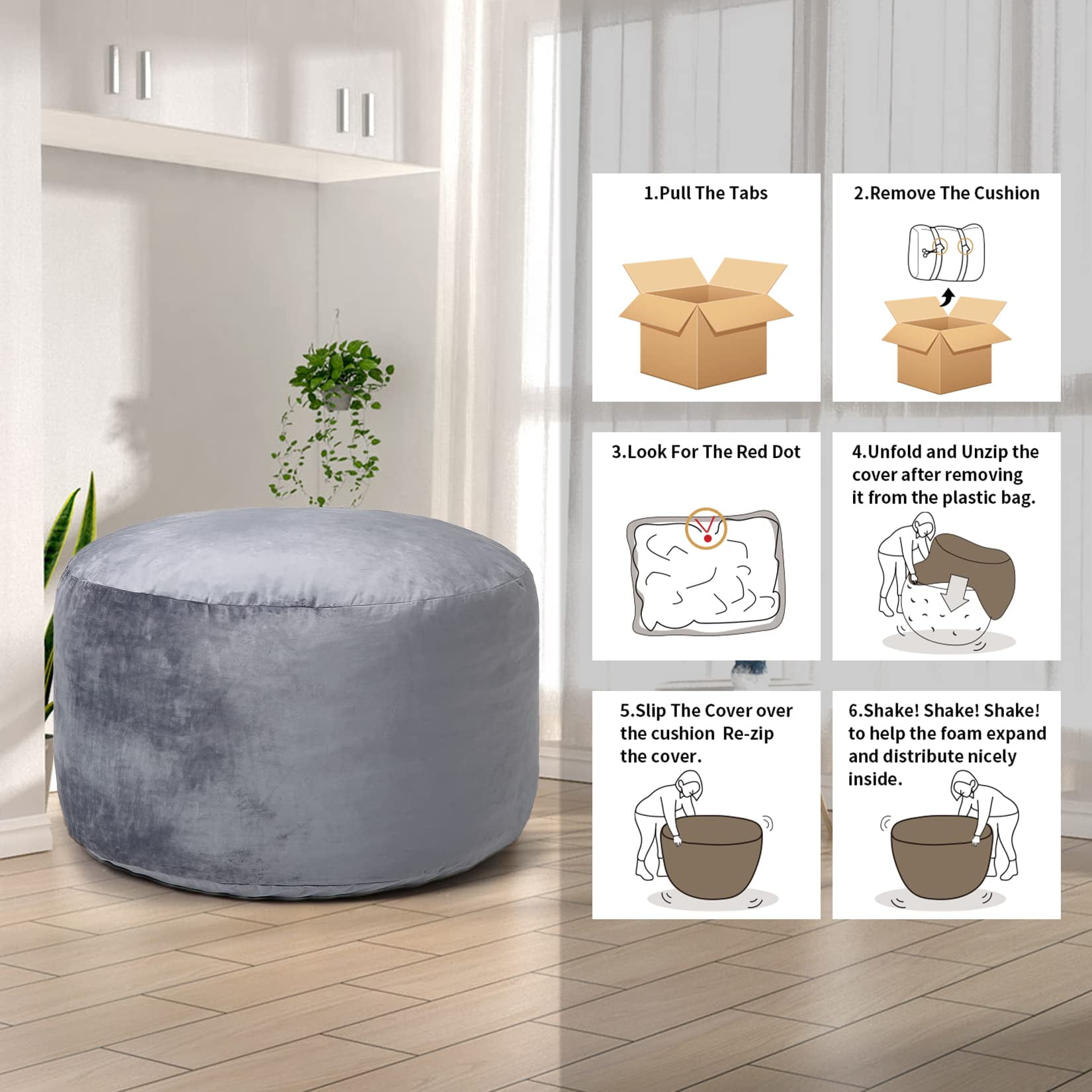 4 Foot Bean Bag Chair, Memory Foam Big Bean Bag  with Filling for Adults Teens and Kids, Big Soft Sofa with Fluffy Removable Microfiber Cover for Living Room, Bedroom