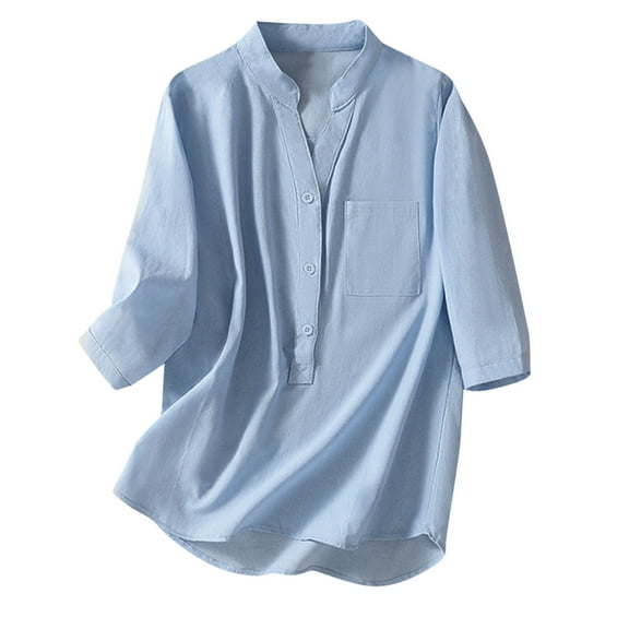 Odeerbi Shirts for Women V-Neck Solid Color Open Tube Button Fashion 2025 Casual Retro 3/4 Sleeve T-Shirt Tops Blouse Sky Blue