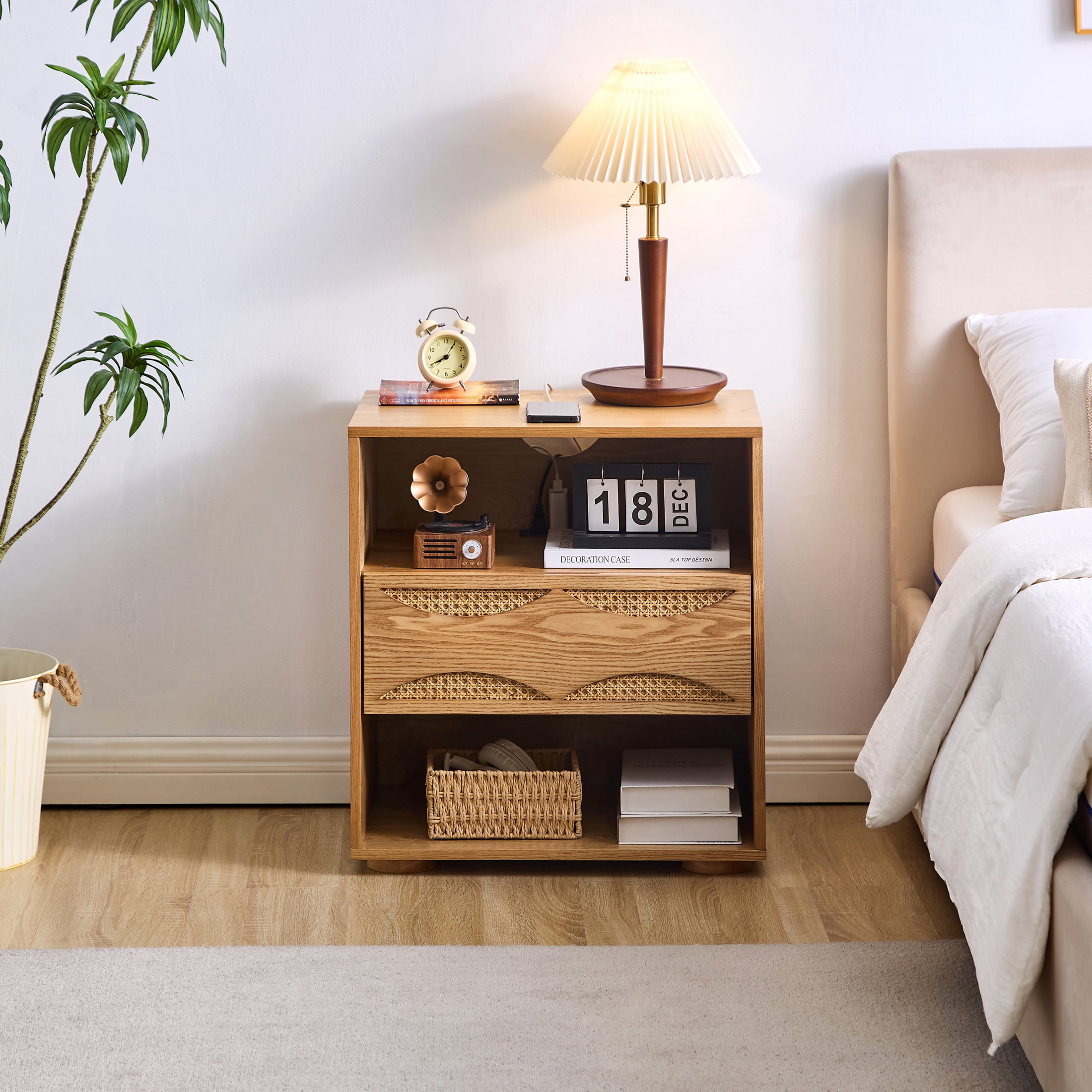 GDF Studio 23.2" Mid Century Modern Rattan Nightstand with Charging Station, Drawer & 2 Open Shelves, Natural