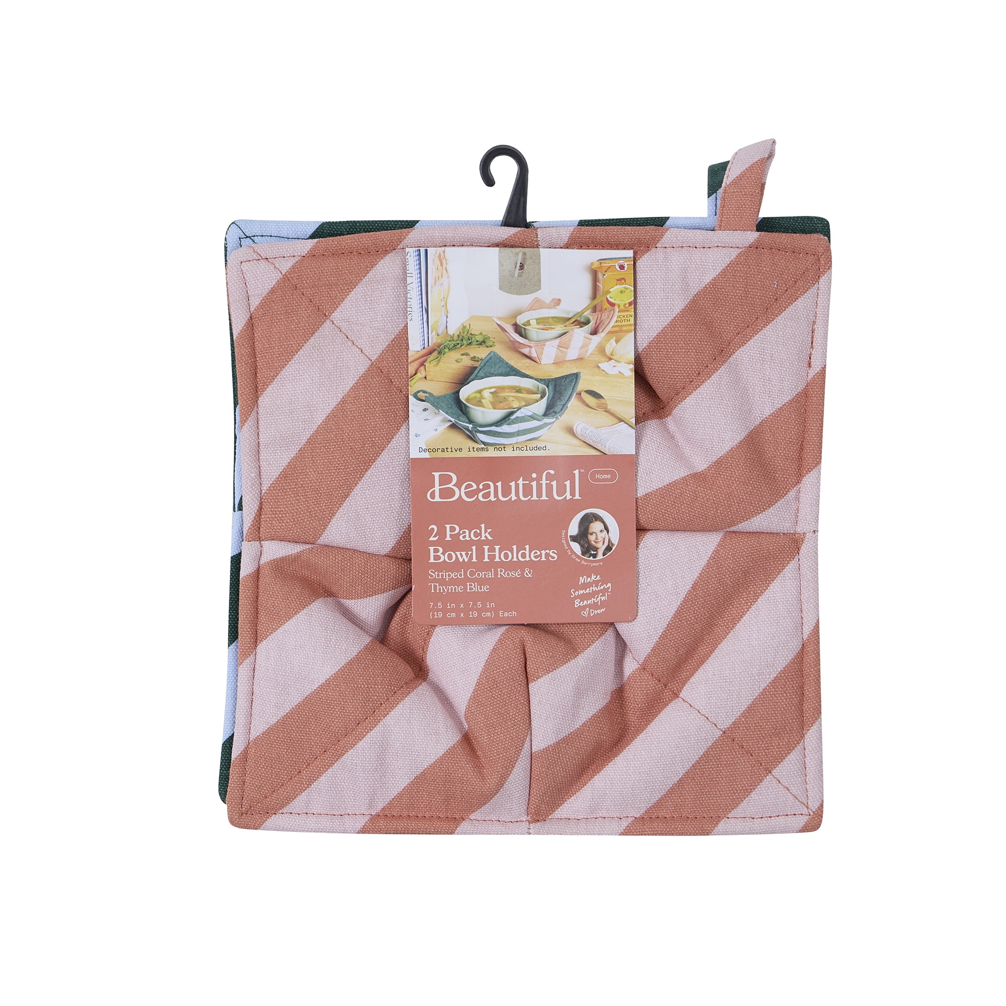 Beautiful Reversible Stripe Bowl Holders, Coral Rosé & Thyme Blue, 2 Pack