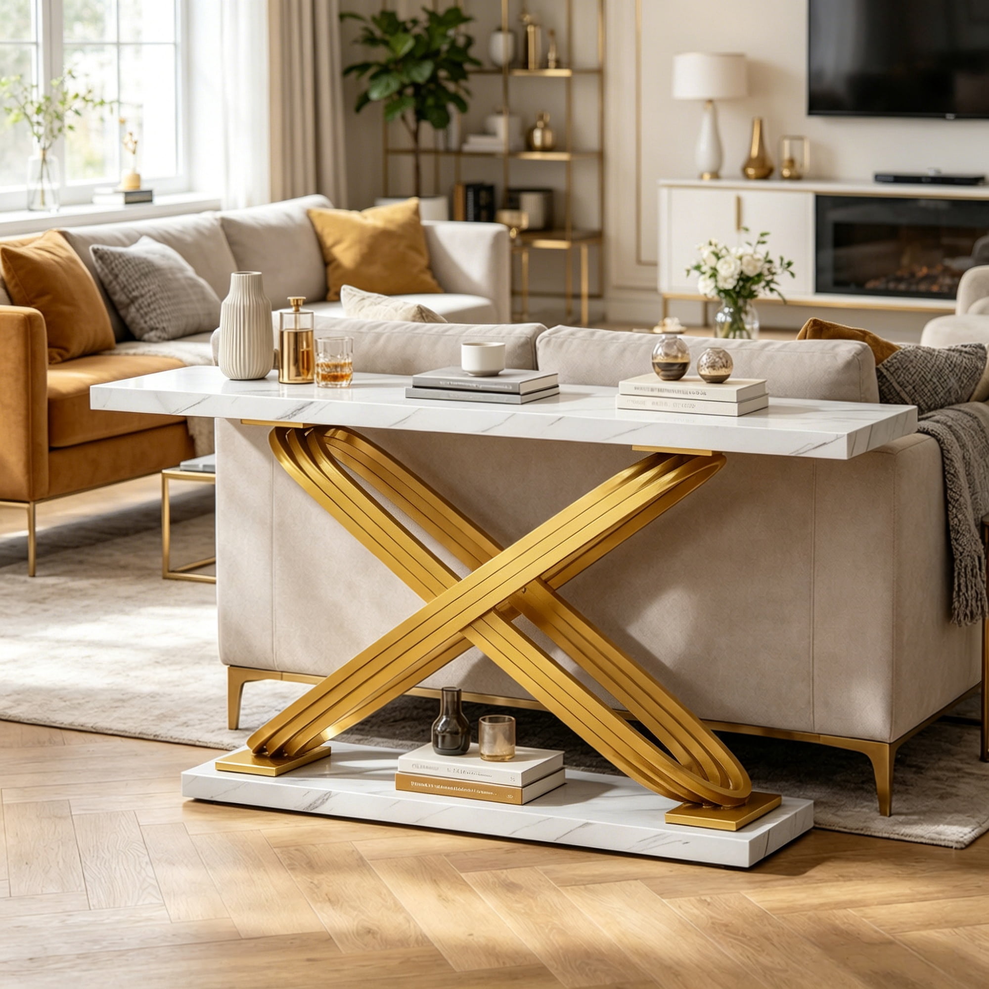 Long Console Table, White Faux Marble Top with Golden Metal X-Frame, 59.06 in