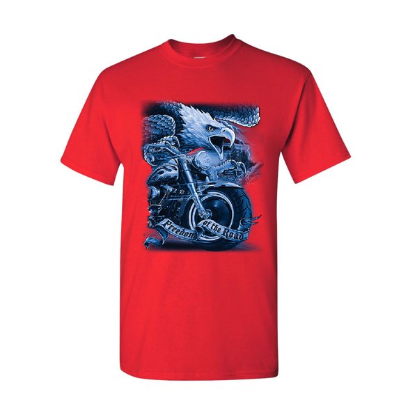 Tee Hunt Freedom of The Road T-Shirt Biker Born to be Wild MC Bald Eagle Mens Shirt, Red, Small