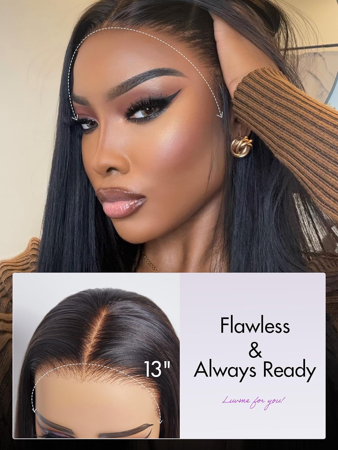 LUVME 13x4 Lace Frontal 10" Human Hair Wigs Glueless Long Silky Straight Narutal Black Precut Lace Pre-plucked Middle Part for Women