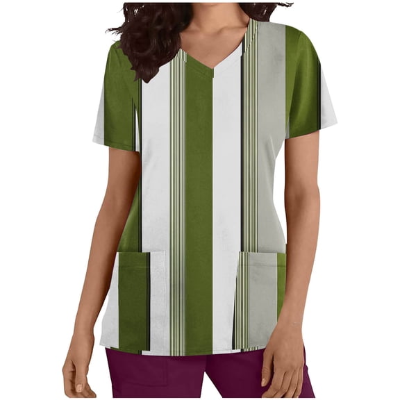 Aofany Women Nursing Scrub Tops Stripes Printed Working Uniform V Neck Short Sleeve Workwear Blouse T-shirt with Pockets