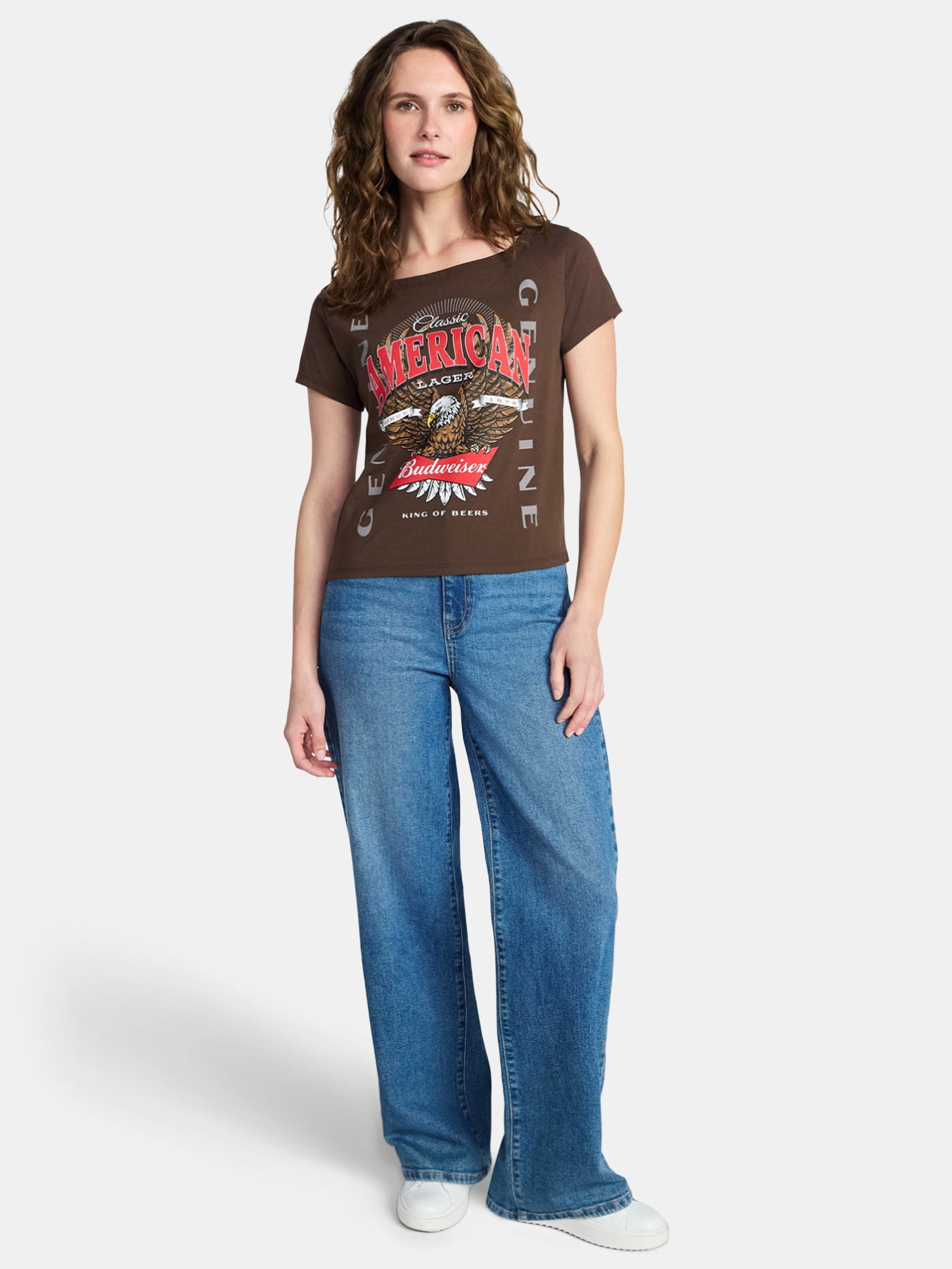 Budweiser Eagle Women's Off the Shoulder Graphic Tee with Short Sleeves, Sizes XXS-XXL