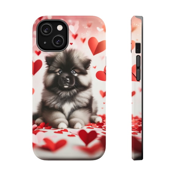 DistinctInk Tough Case for Apple iPhone 14 PLUS (6.7" Screen), Compatible with MagSafe Charging - Valentine's Day Keeshonden Puppy