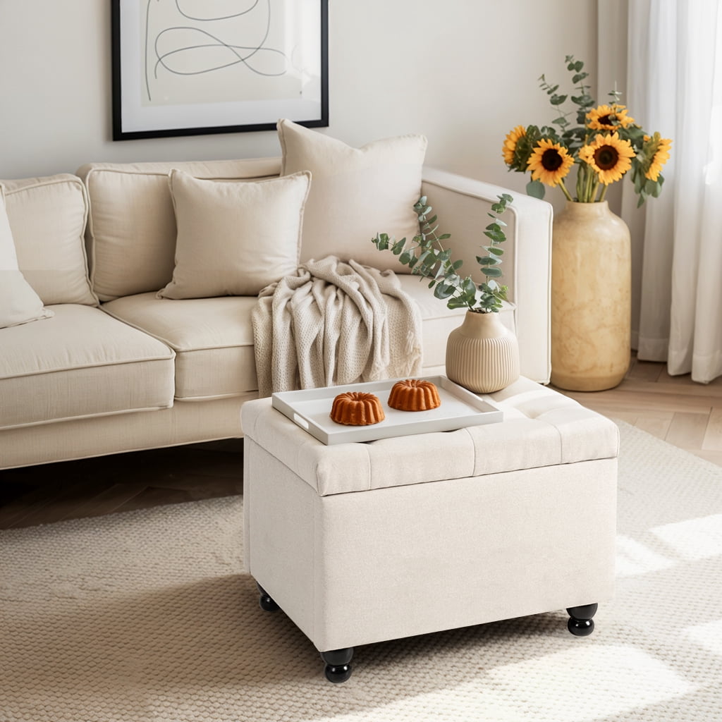 Pamapic 24“ Rectangle Upholstered Storage Ottoman, Fuax Linen Shoe Stool in Beige for Entryway