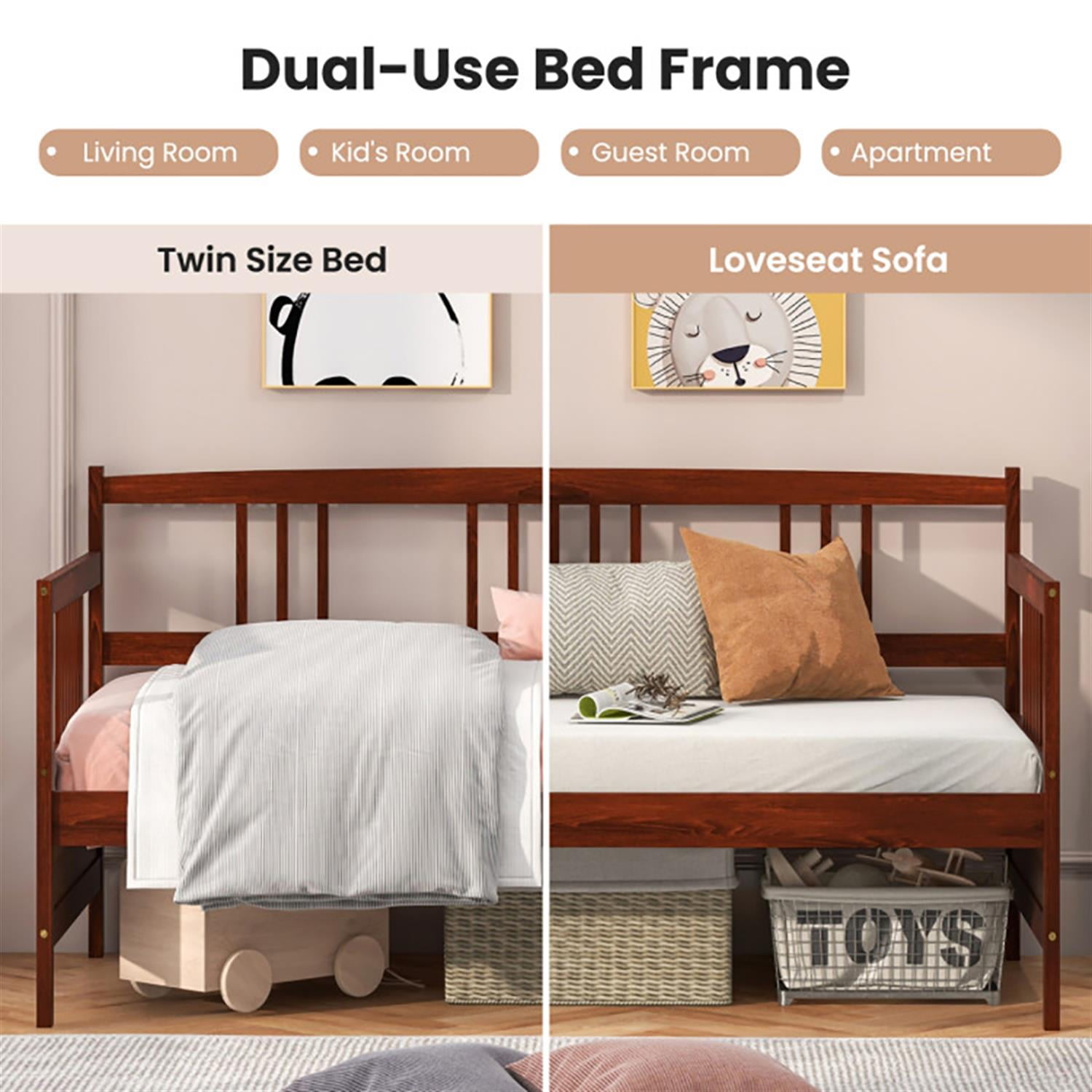 Demi Bonn Twin Size Wooden Slats Daybed Bed with Rails, Modern Bed Frame for Teens, Brown