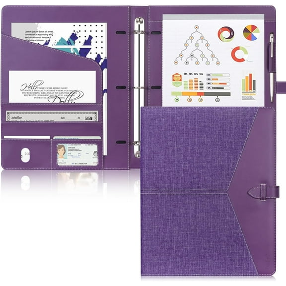 Padfolio 3 Ring Binder Organizer Business Portfolio Folder for Women, A4/ Letter Size PU Leather Portfolio Padfolio for Interview Conference Presentation, Purple