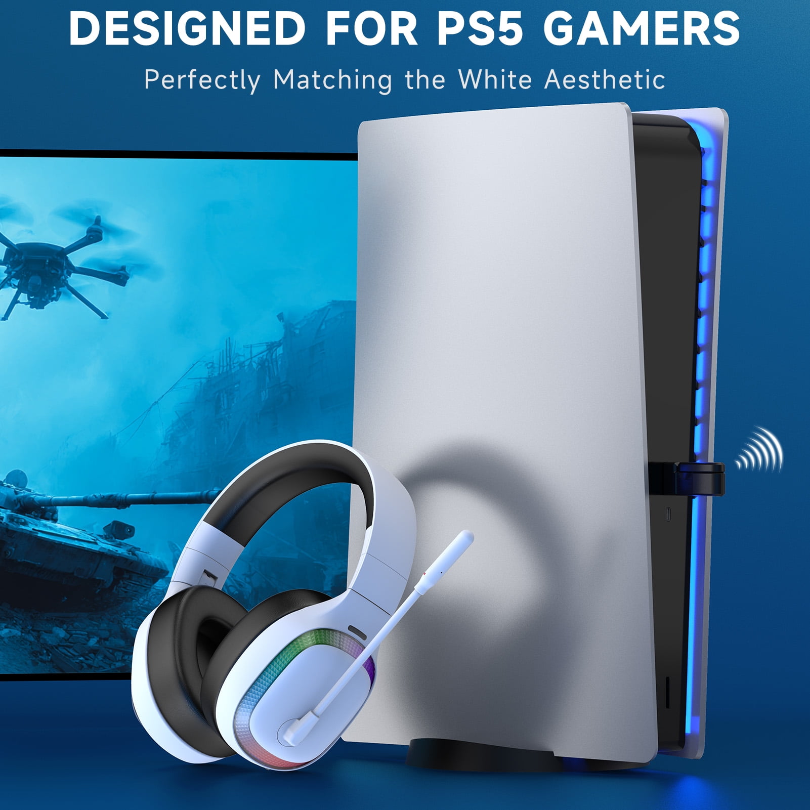 Ecomoment Wireless Gaming Headset for PS5, PC,Switch,Mac with Bluetooth 5.4, 2.4GHz USB PS5 Headset with Mic,Gaming Headphones with RGB Light, 70H Battery Life,White