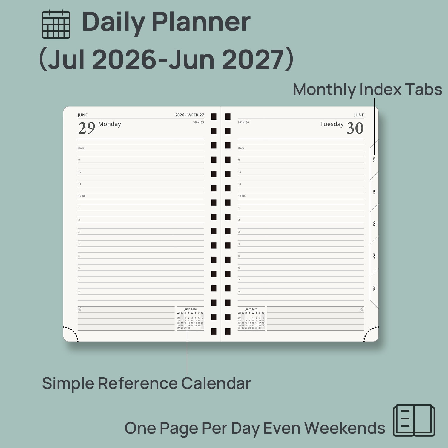 POPRUN 2026-2027 Daily Planner, 5.75" x 8.5", (Jul.26-Jun.27) Academic Calendar Book with One Page Per Day Planner, Spiral Hard Cover, Black