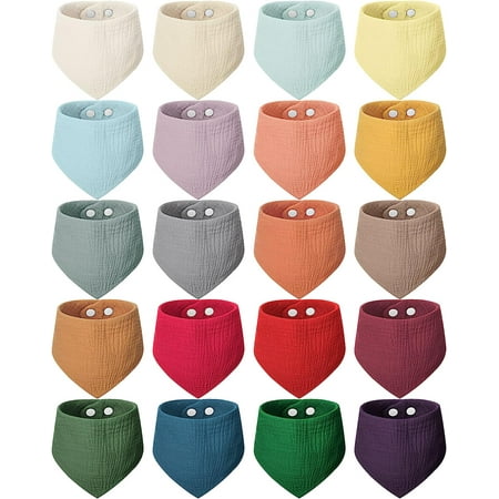 20 Pcs Muslin Baby Bibs Bandana Drool All Cotton Bibs for Baby Boy Girl Adjustable Neutral Colorful Newborn Bibs for Teething and Drooling 20 Colors