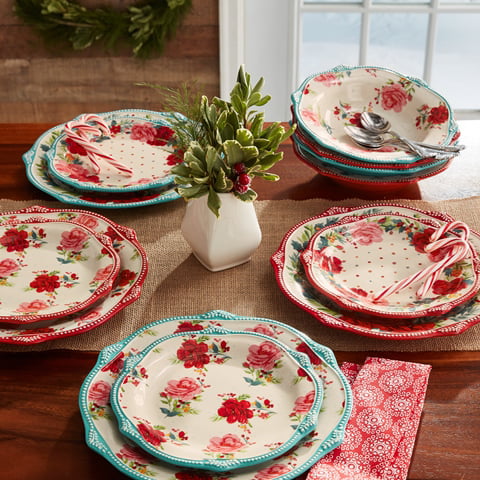The Pioneer Woman Holiday Cheerful Wreath/Cheerful Rose Toss Assorted  Dinnerware Set, 12-Piece Set