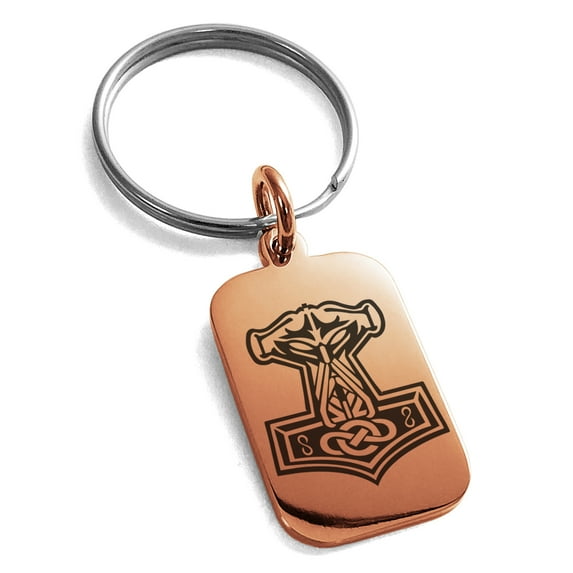 Stainless Steel Mjolnir Thor's Hammer Viking Norse Engraved Small Rectangle Dog Tag Charm Keychain Keyring