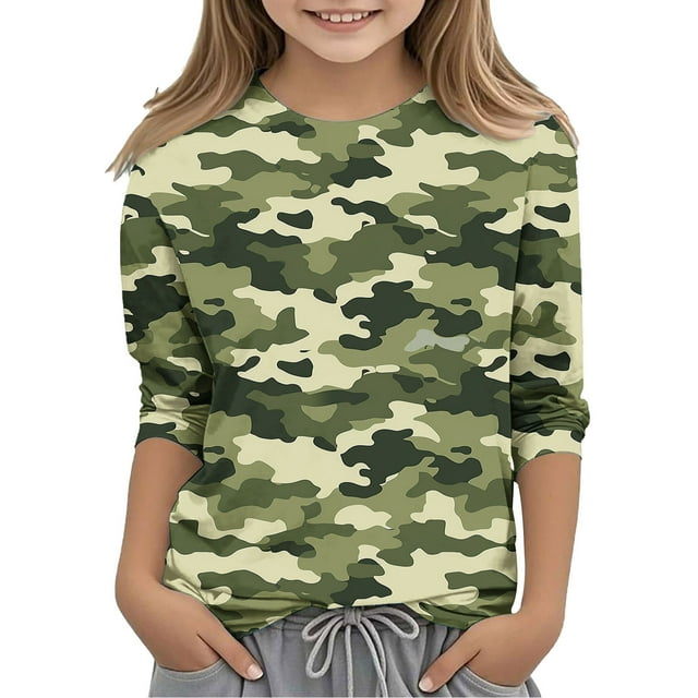 Camouflage Print 3/4 Sleeve Round Neck Top for Kids , Soft Polyester-Spandex Blend , Breathable Fabric , Easy Pullover Design , Versatile Layering Piece , Machine Washable