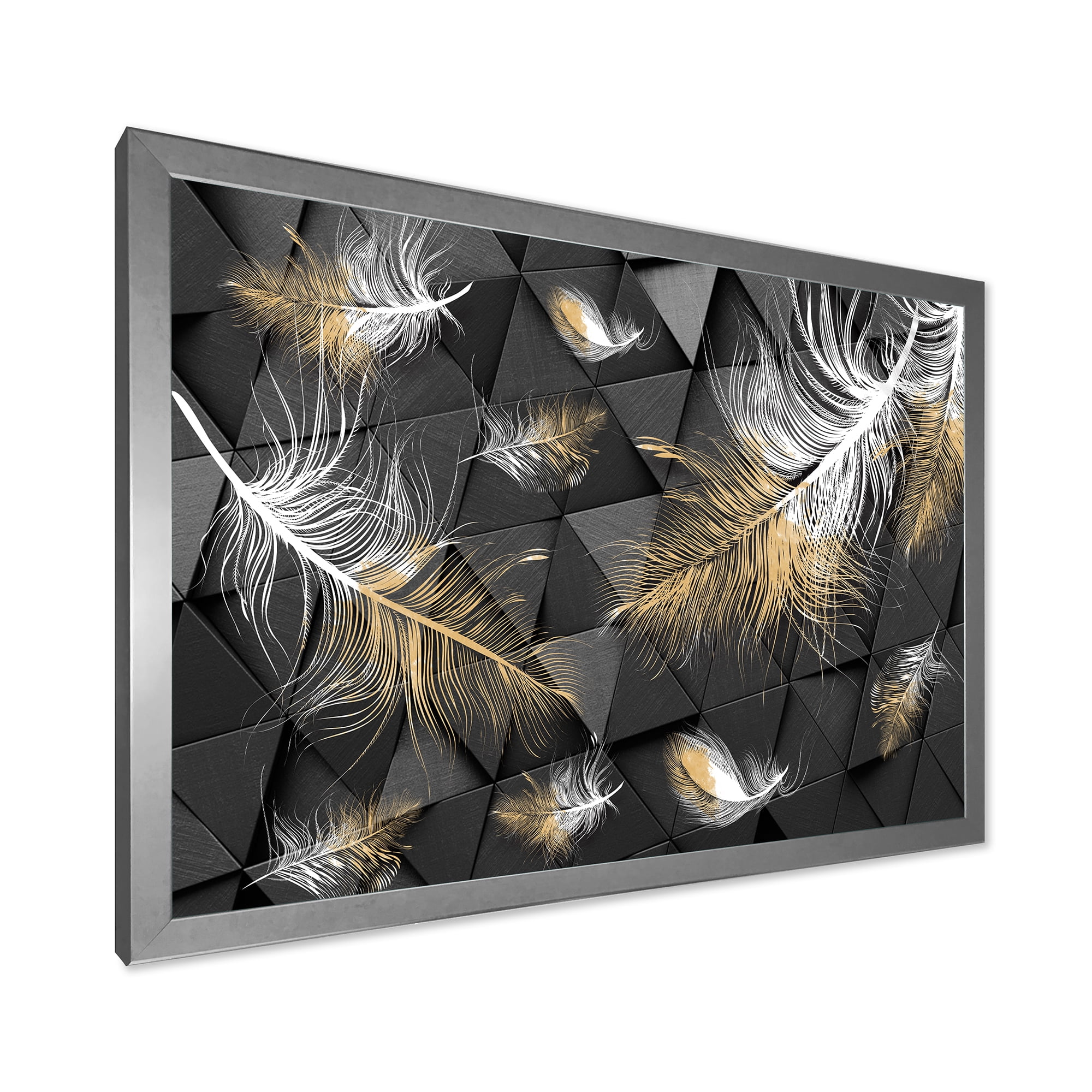 Designart 'Gold and White Feathers On Triangular' Modern Framed Art Print