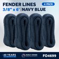 thumbnail image 2 of Five Oceans 4-Pack 3/8" x 6' Boat Fender Lines with 5" Eyelet, Boat Ropes for Docking with Loop, Marine-Grade Navy Blue Premium Nylon Double Braided Boat Rope - FO4699, 2 of 8