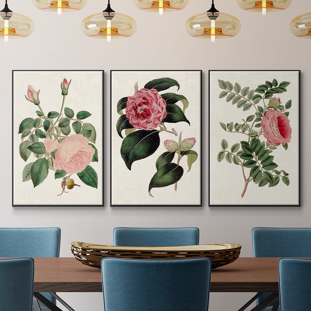 Pink Floral Mix I - Framed Premium Gallery Wrapped Canvas L Frame 3 Piece Set - Ready to Hang