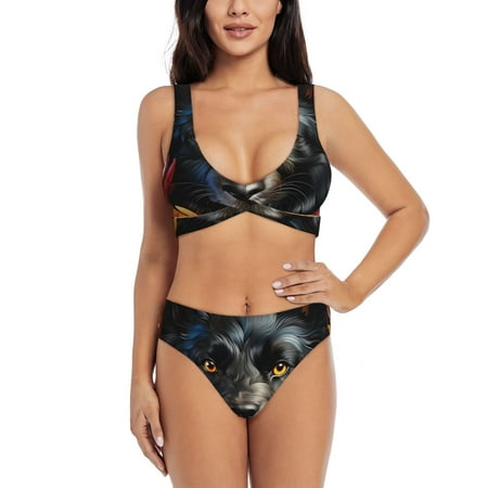 Zeuib Colorful Floral Black Dog High Waisted Tummy Control Bikini Set - Knot Front Push Up Top & Cheeky Thong Bottom  Two-Piece Swimsuit for Women-Small