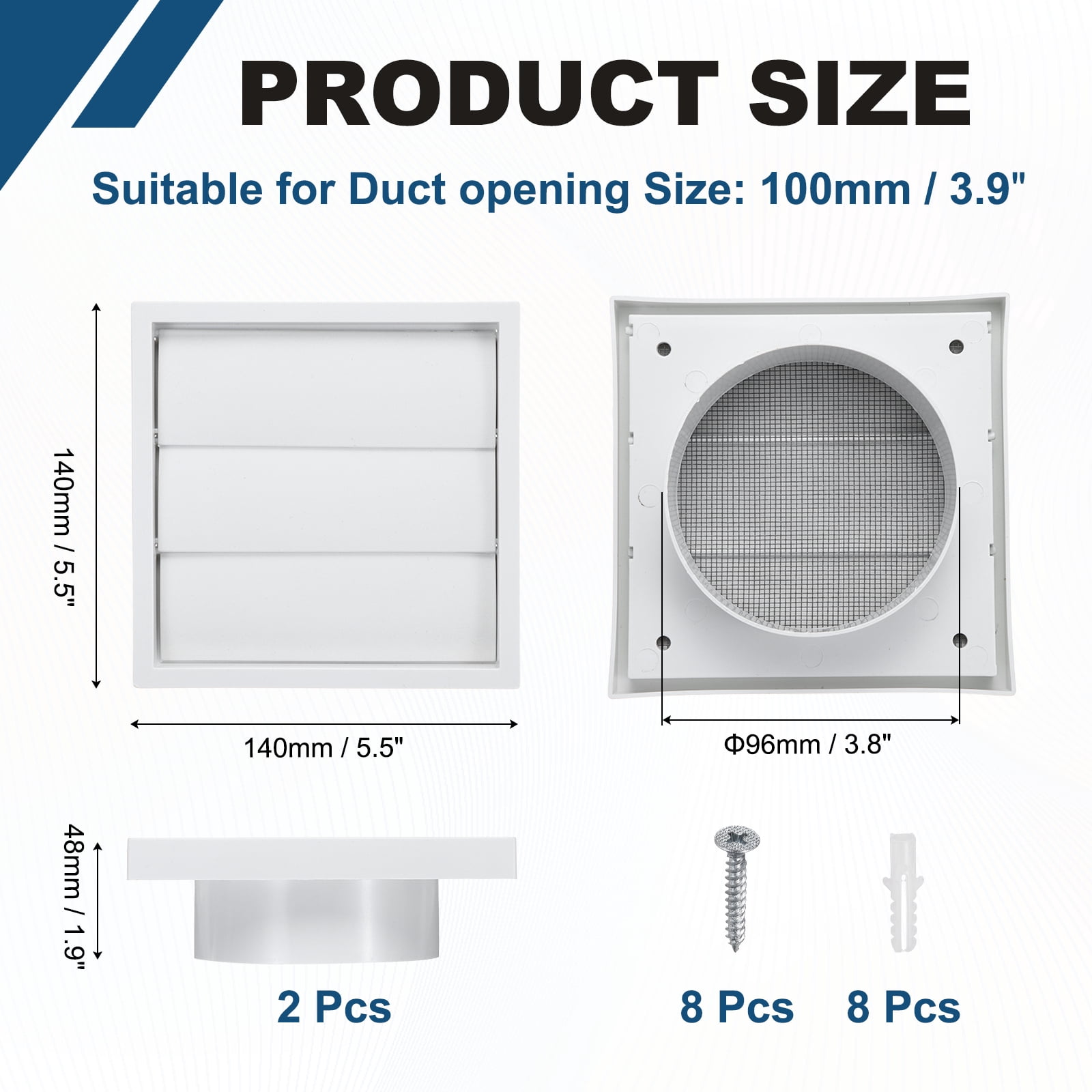 Uxcell 2Set Louvered Exhaust Vent Cover (4" Opening, 5.5"L x 5.5"W) - Air Wall Vent with Dustproof Mesh, Plastic Exhaust Ventilation Grille for Kitchen/Bathroom/Garage, White