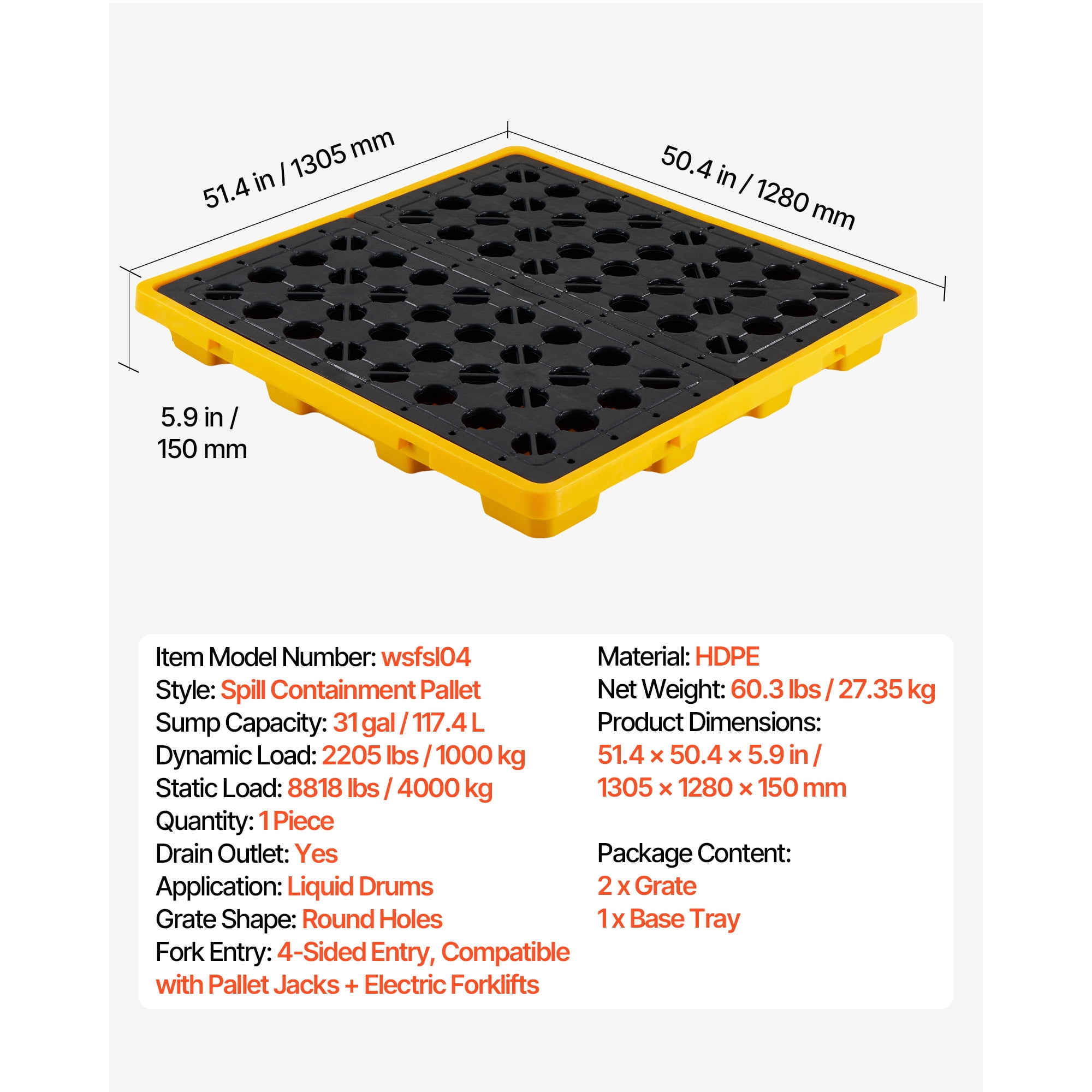 KFFKFF 4-Drum Spill Containment Pallet, Low-Profile Modular Platform, 31-Gallon Sump Capacity, 8818 lbs Load Support, Durable Polyethylene Tray with Drain, 51.4" x 50.4" x 5.9", Yellow