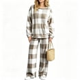 thumbnail image 5 of Two Piece Plaid Set for Women Long Sleeve Crew Neck Tops Wide Leg Pants Fall Winter Thicken Warm Soft Lounge Home Wear (L, Khaki), 5 of 7