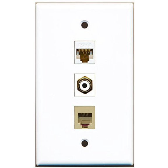 RiteAV - 1 Port RCA White and 1 Port Phone RJ11 RJ12 Beige and 1 Port Cat6 Ethernet White Wall Plate