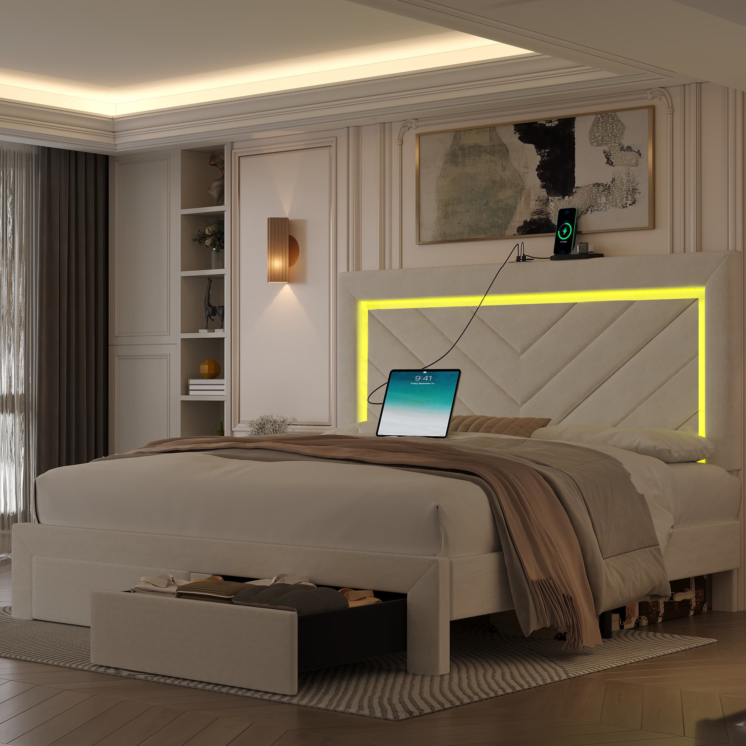 Fastroby Full Upholstered Bed Frame with LED Headboard & Storage Drawer, No Box Spring Required