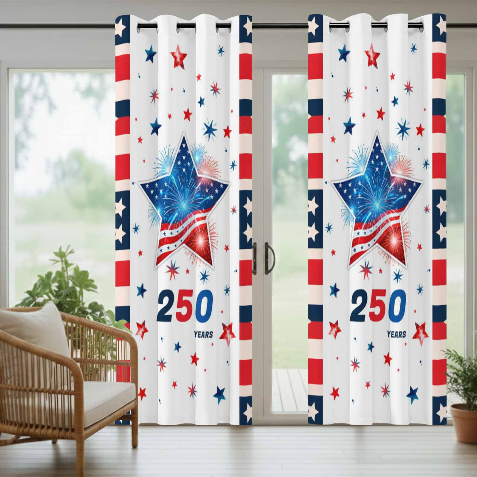 Independence Day Outdoor Curtains for Patio, Years US Flag Red Blue Star Fireworks Sunshade Privacy Drapes Grommet Waterproof Outside Curtains for Porch/Cabana/Balcony 54"x 108", 1 Panel