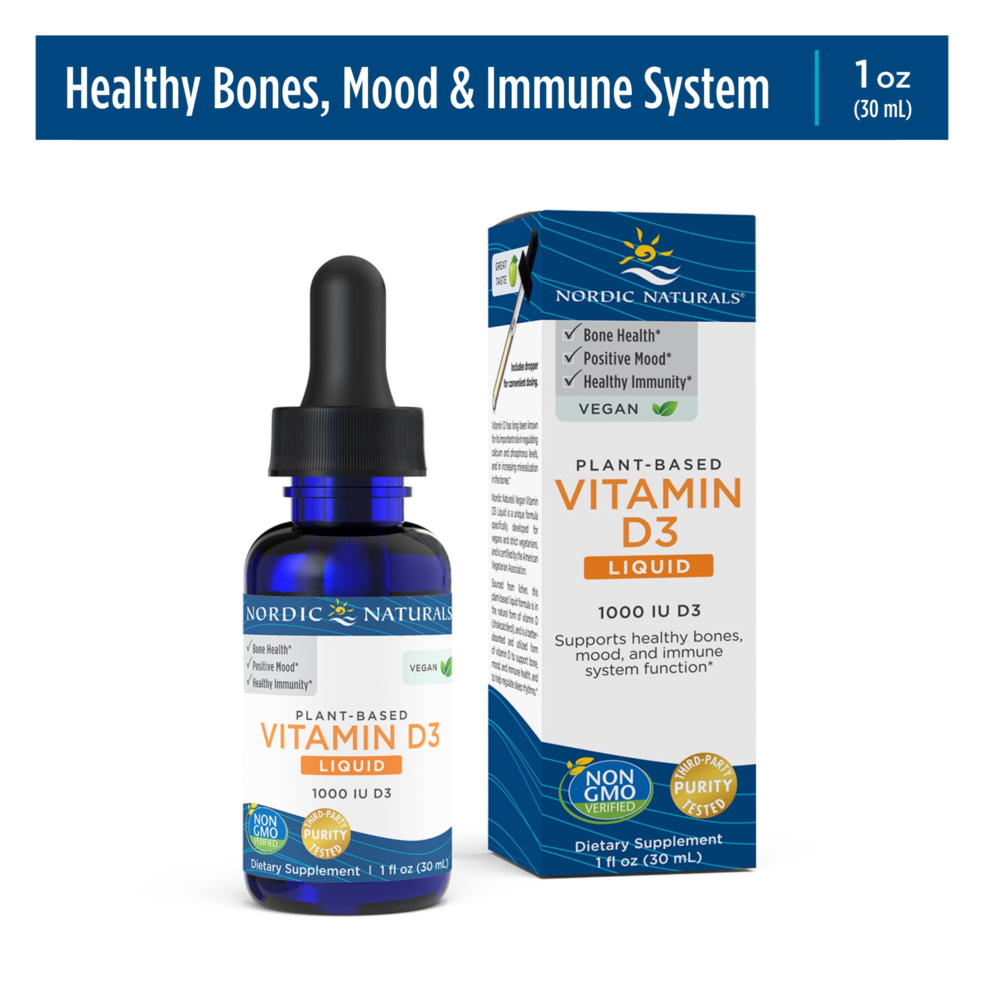 Nordic Naturals Plant-Based Vitamin D3 Liquid, 1000 IU, Vegan Non-GMO 30 mL