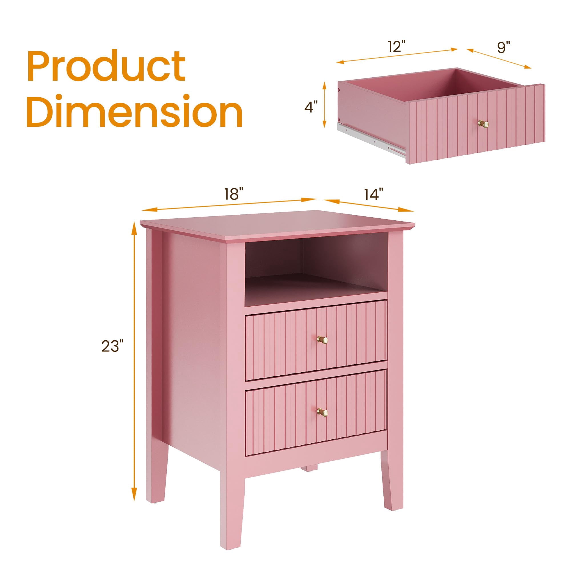 CozyHome Fluted Nightstand Set of 2, Modern Side Table with 2 Drawers & Storage Shelf, Wood End Table for Living Room, Bedroom, Pink
