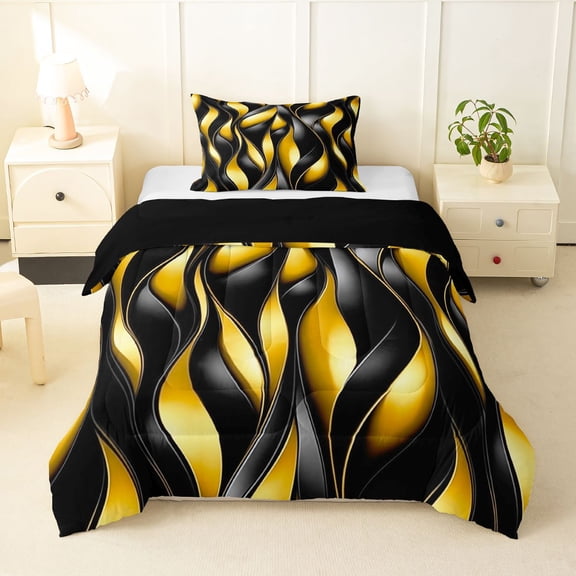 Manfei Aesthetic Geometric Twin Comforter Sets, Black Gold Wavy Stripes Bedding Set, Black Reversible 2 Pieces, 1 Comforter and 1 Pillowcase